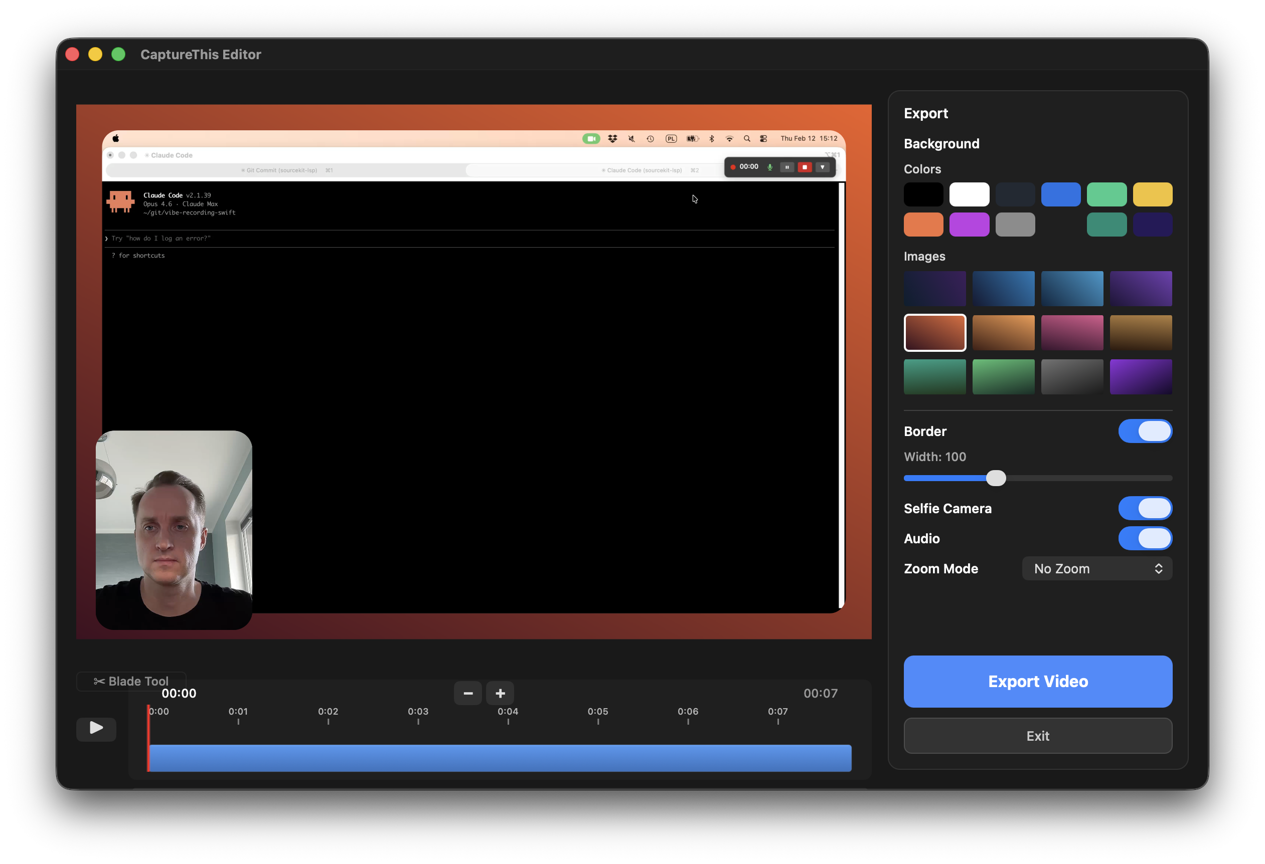 CaptureThis Editor - Screen recording with export options, backgrounds, and selfie camera